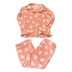 Tahari Girl Pink Ghost Print Pajama Set Toddler 2T Long Sleeve Button Up PJ Set